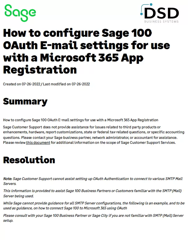 Sage 100 Help - How to configure OAuth Email Settings for use with a Microsoft 365 Account